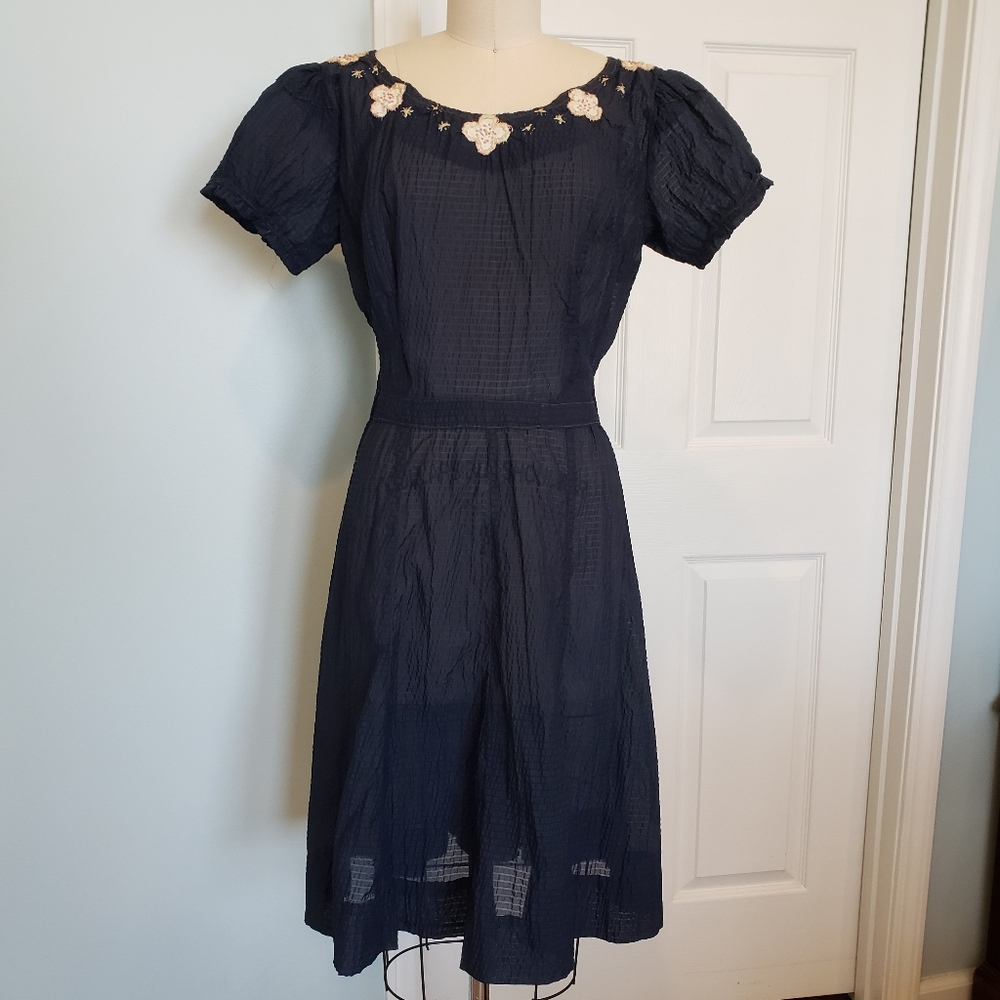1950's Vintage Navy Blue Embroidered Dress, M